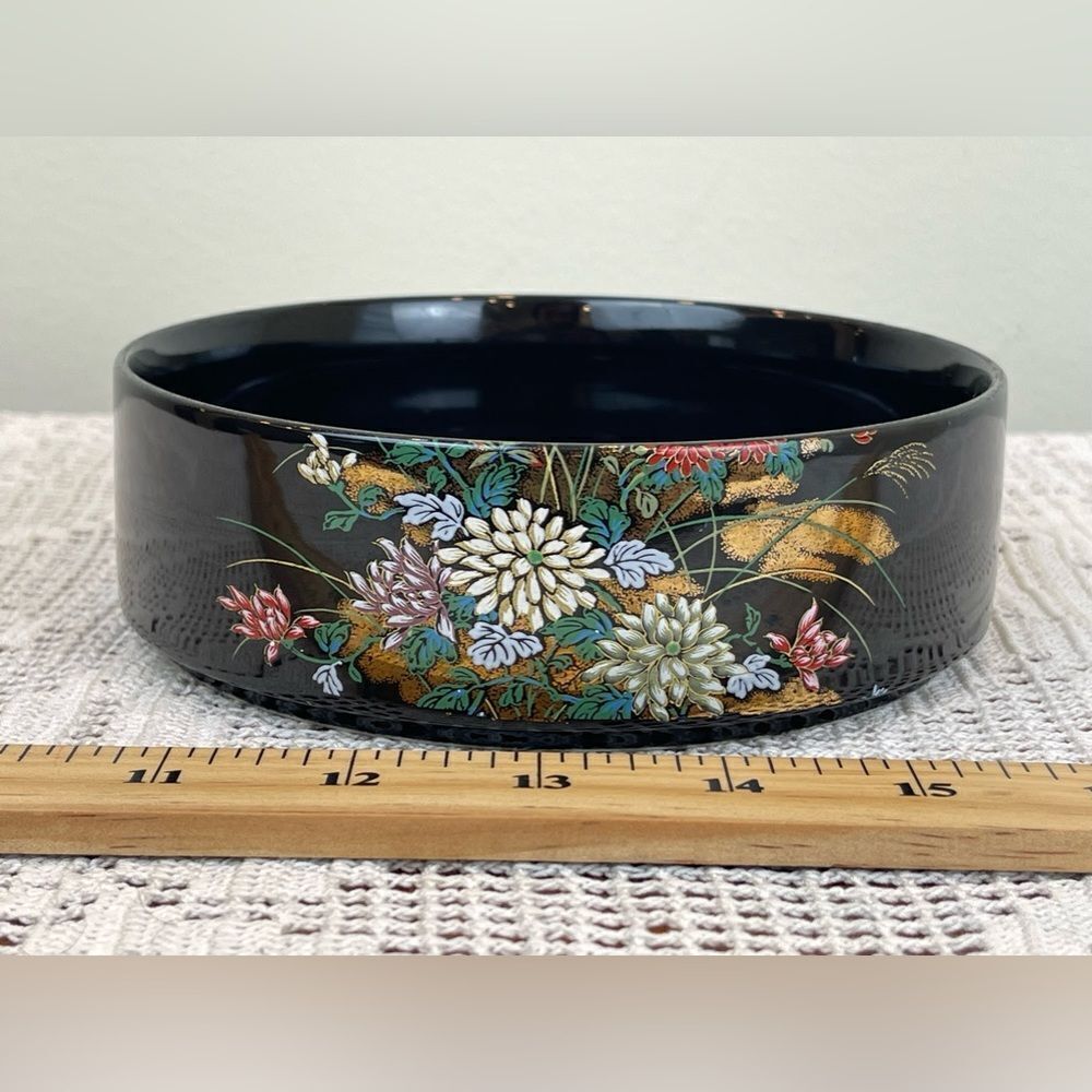 Vintage NAGONA JAPAN black and floral short round vase || Vintage trinket ||
